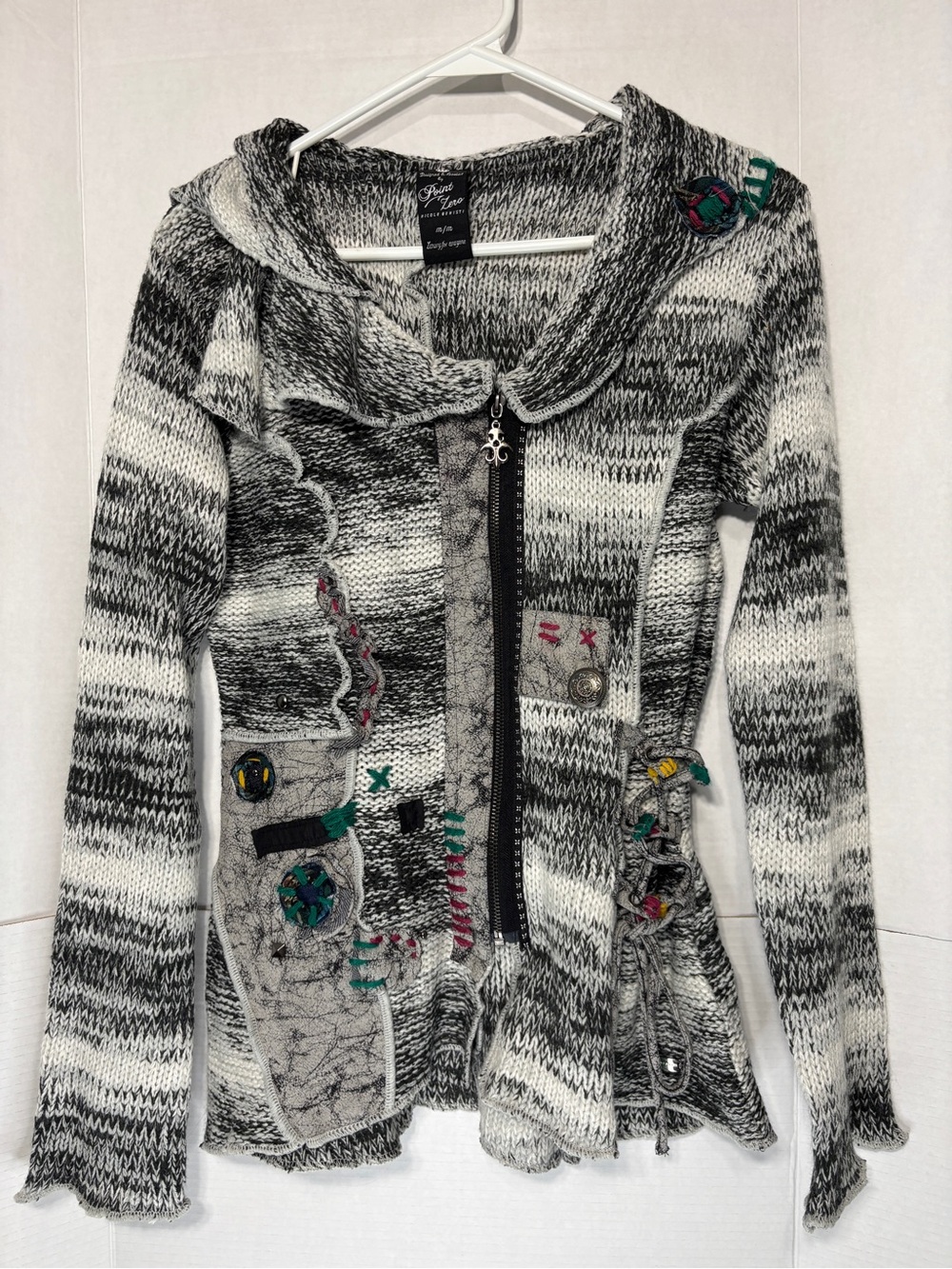 Point Zero Women’s Deconstructed Black & White Knit Cardigan Y2K Whimsigoth